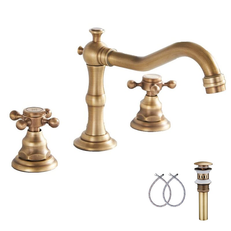 GGStudy 8 inch 2 Handles 3 Holes Widespread Bathroom Sink Faucet Antique Brass Basin Mixer Tap Faucet Matching Metal Pop Up Drain with Overflow - Image 1